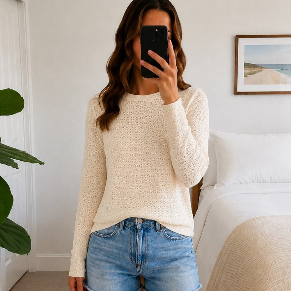 White + Warren Pointelle Extra Fine Wool Sweater Sz S